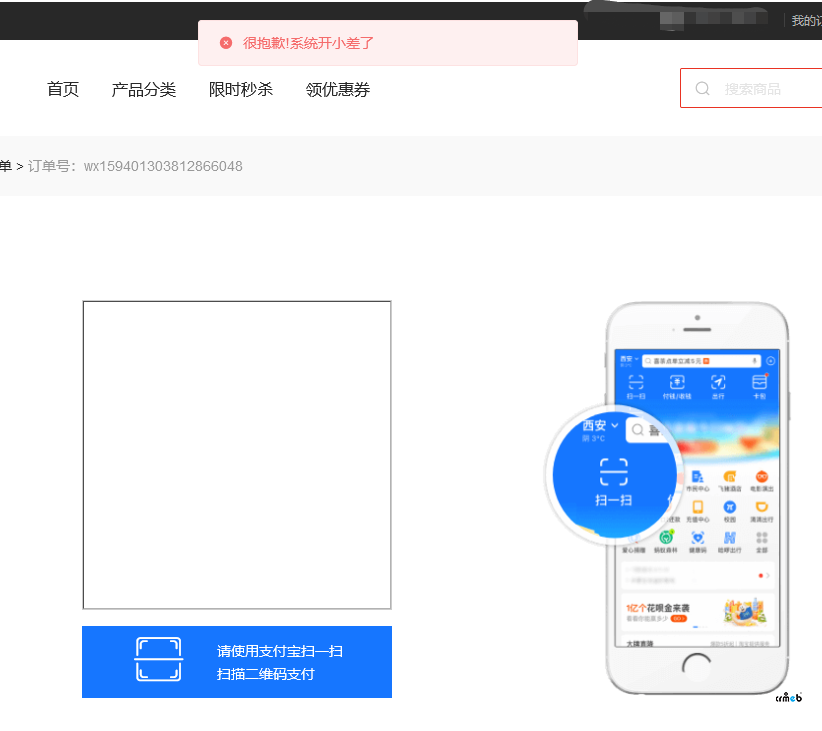 PC模板，在付款頁面選擇支付寶付款，生成不了二維碼（很抱歉！系統(tǒng)開小差了）？？